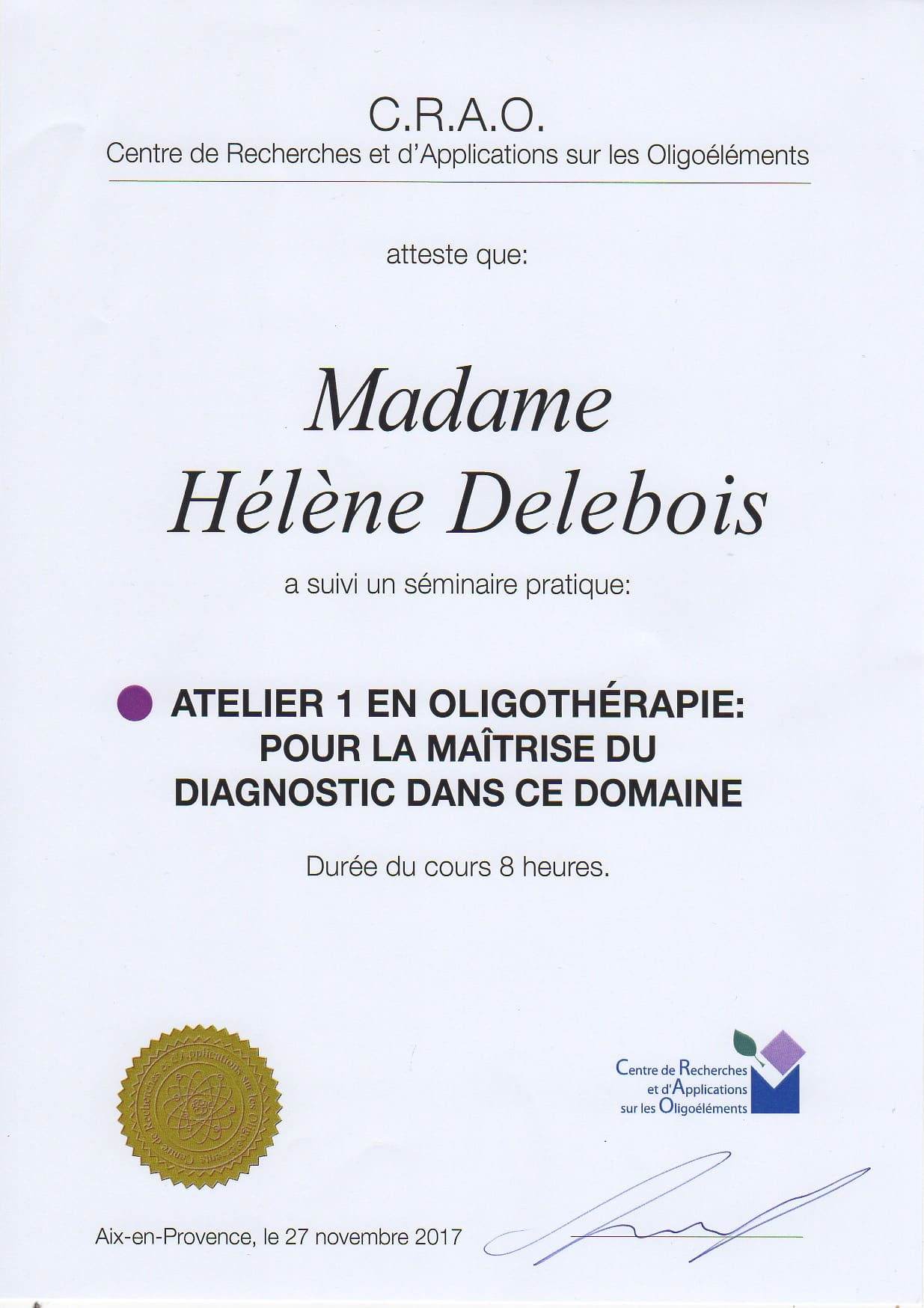 Certificat oligothérapeute - Helene Delebois