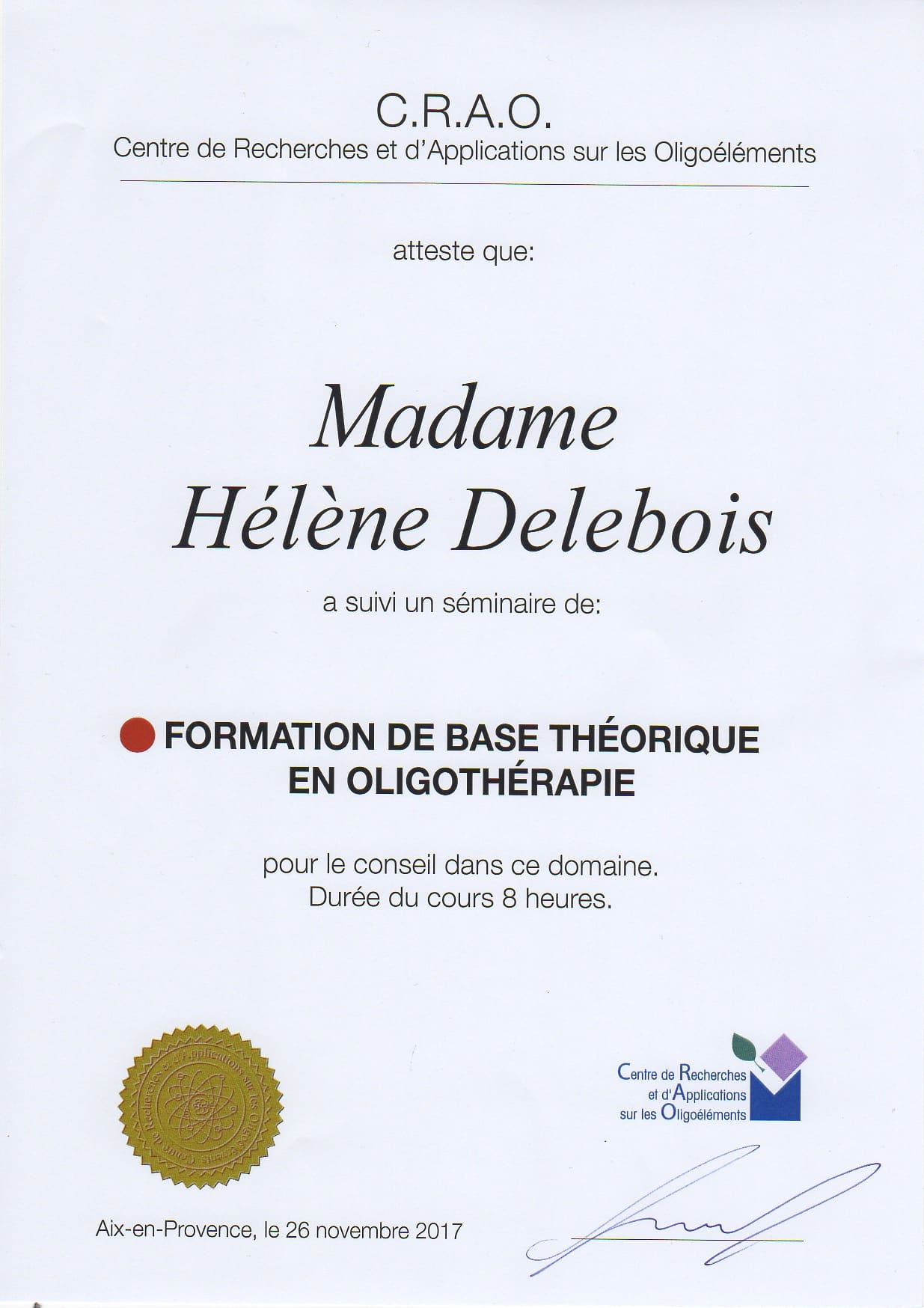 Certificat oligothérapeute - Helene Delebois